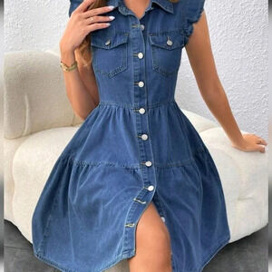Women's Light Denim Flying Sleeve Dress For Spring/ Summer, Casual